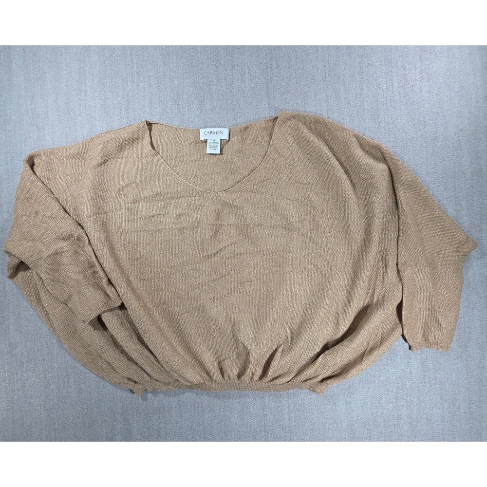 Carmen Marc Valvo Blouse Womens Medium Gold Metallic Knit Dolman V-Neck Top